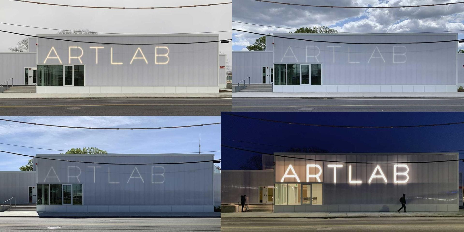 A grid of the ArtLab building facade at different times of the day